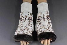 Cream Brown faux fur knit hand arm warmers fingerless gloves open thumb texting