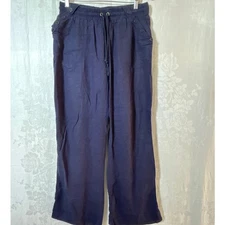 Ci Sona Pull On Pants XL Navy Blue Linen Blend Wide Leg Button Detail Pockets