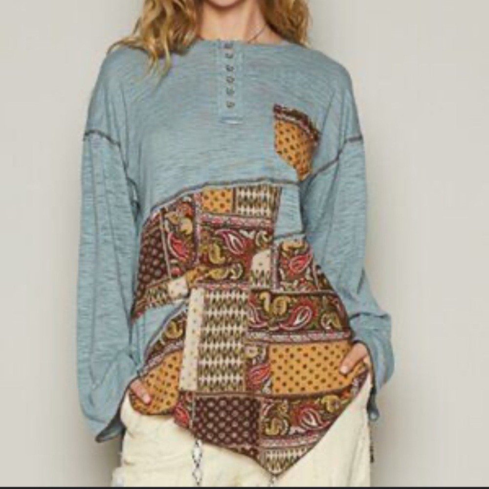 POL Boho Mixed Media Print Long Sleeve Top Size Medium
