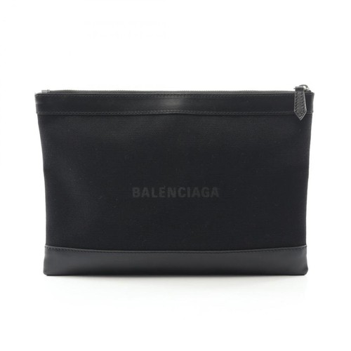 BALENCIAGA Navy Clip M Canvas Leather Clutch Bag Black Auth