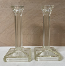 Vintage Clear Glass Candlestick Candle Holder Pair Art Deco Style - 16cm Tall