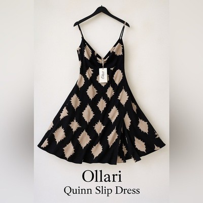 Ollari Quinn Slip Dress Black Beige Tie Dye Cowl Neck Adjustable Straps Size S