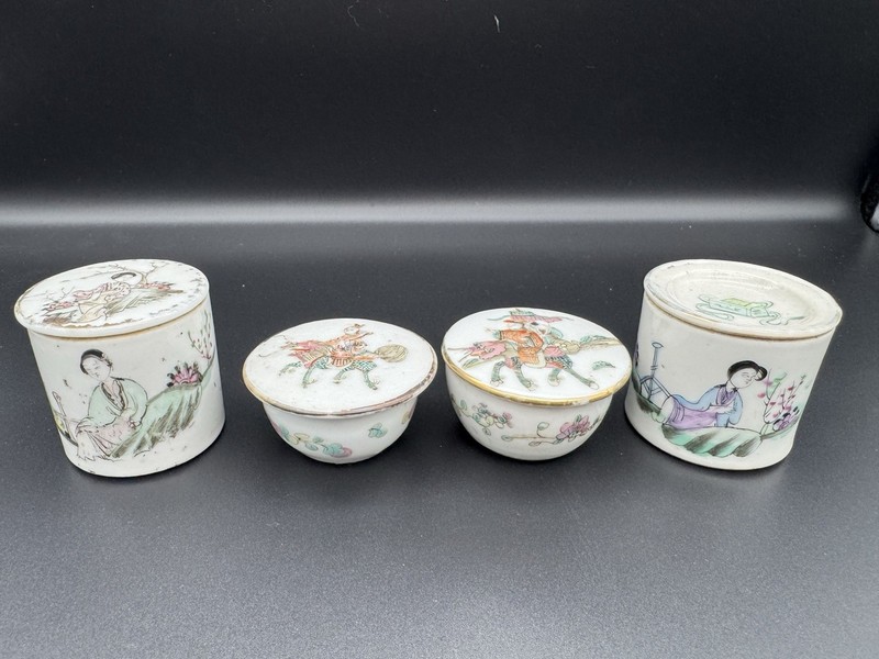 Antique Lot 4 Chinese Famille Rose Pot Vase Lid Women Riding Animal Oil Ink