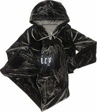 Juicy Couture Women's Black 2pc Velour Tracksuit Hooded Hoodie  Pants Size L