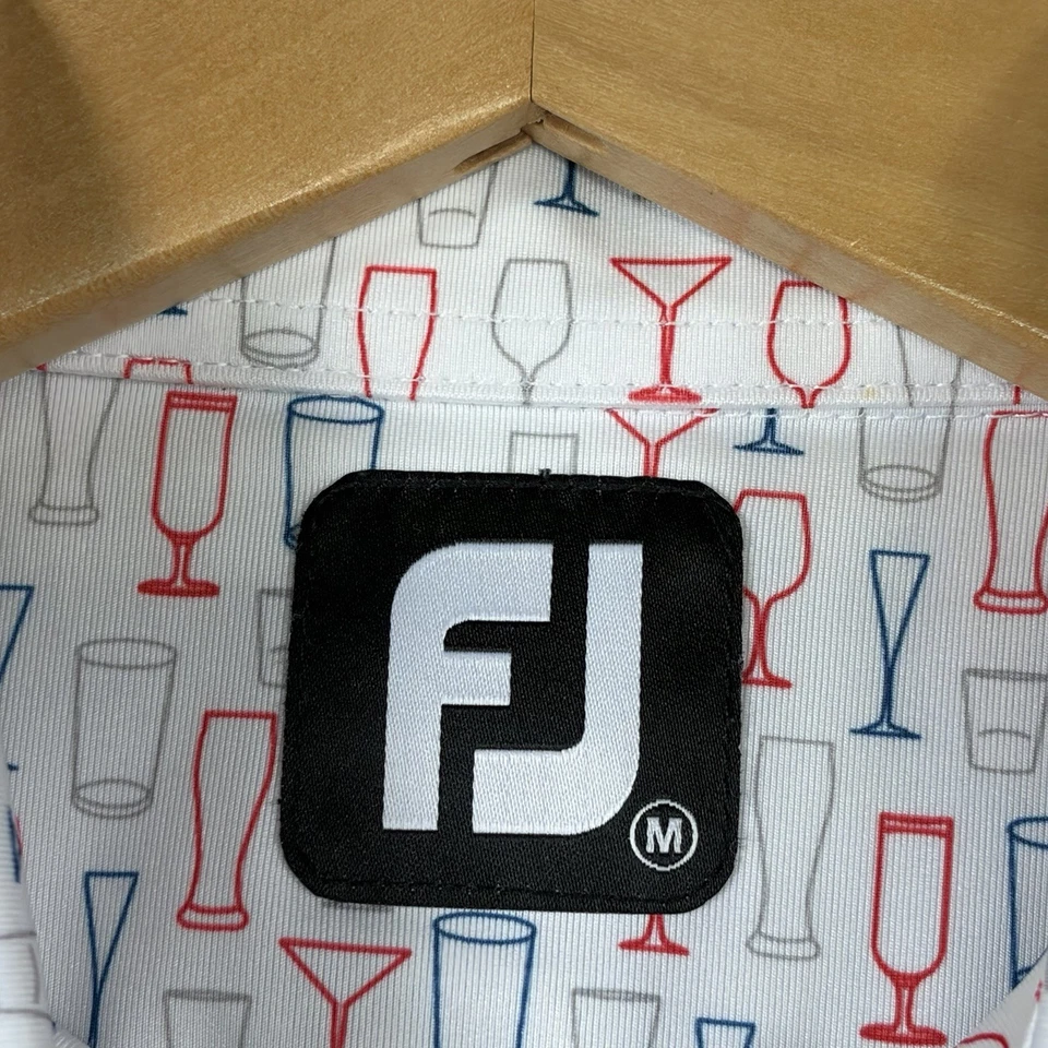 FootJoy Performance Golf Polo Shirt Men Medium White Red Wine Glass AOP - Image 2 of 4