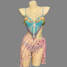 New Beaded Samba Belly Dance Costume EDC Party Night Club Bra Hip Scarf Panties