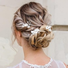 Silver Flower Bride Wedding Hair Pins Leaf Bridal Headpiece Pearl Rhinestone ...