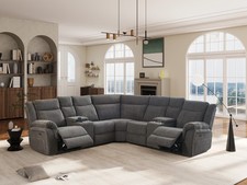 Manual Reclining Sectional Sofa Set,Fabric Recliner Couch w/ Console&Cup Holders