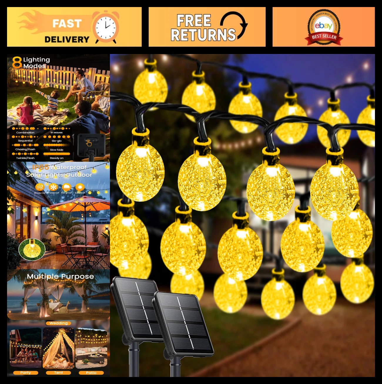 64FT 100 LED Solar String Lights - Waterproof Outdoor Decor, 8 Modes for Garden,