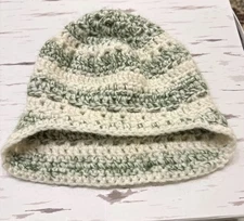 Handmade Crochet Slouch Beanie Hat White Green Leaf Reversible Ear Flap