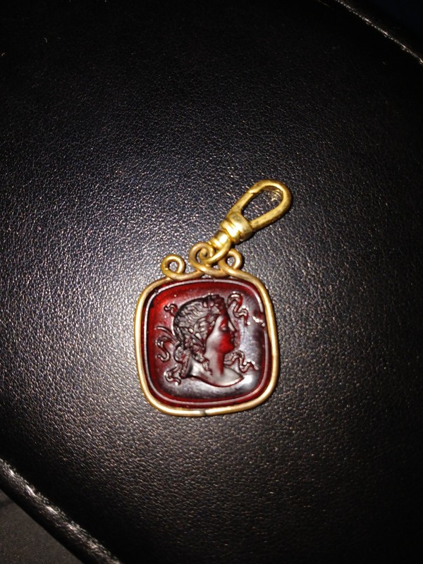 Lulu Frost Carnelian Gold filled ornate Greek Roman  Charm Gf Vtg Victorian 1.1”