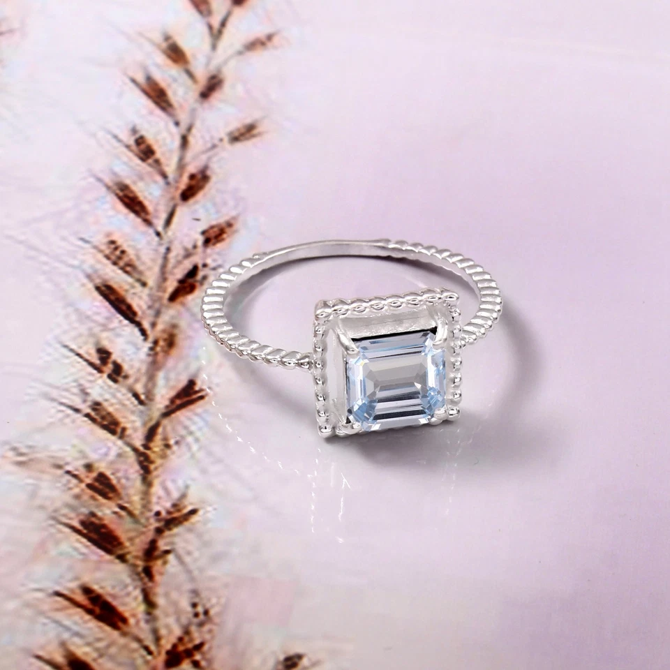 AAA Aquamarin Ring Asscher Cut Edelstein 7x7 MM Sterlingsilber Verlobungsring - Bild 4 von 4