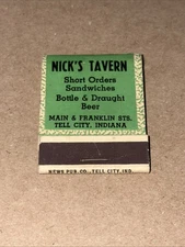 Nick’s Tavern Advertising Matchbook Tell City Indiana