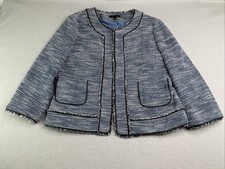 Ann Taylor Blazer Womens 12 Blue Tweed Fringe Jacket Hook Eye Pockets 3/4 Sleeve