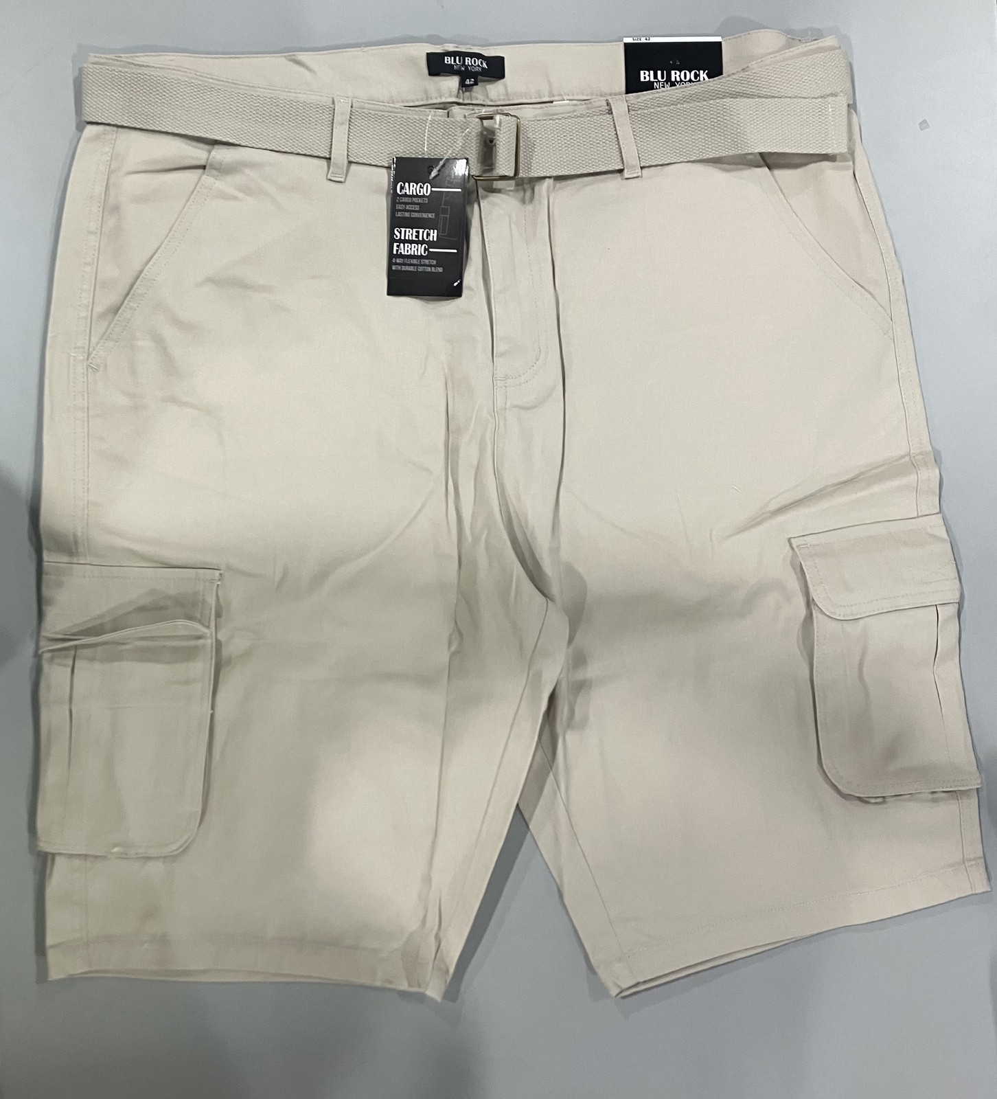 МУЖСКИЕ ВИНТАЖНЫЕ ХЛОПКОВЫЕ ШОРТЫ-КАРГО С ПОЯСОМ BLU ROCK - РАЗМЕР ДЛЯ МУЖЧИН 42 - STONE 6390₽