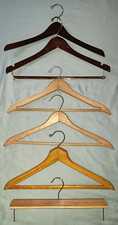 Lot of 6 vtg wooden clothes hangers - suit with trouser bar, pants, coat