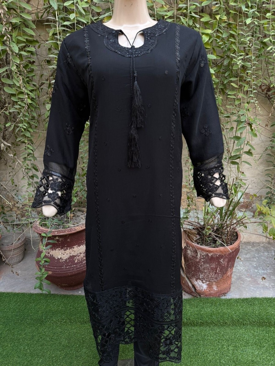 black chiffon dresses pakistani Jet Black Chiffon Heavy Embroidered Straight Cut Luxe Party Wear