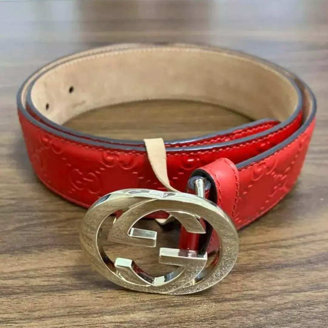 Ceinture GUCCI cuir rouge double logo G emboîtable G 370543 réglages niveaux