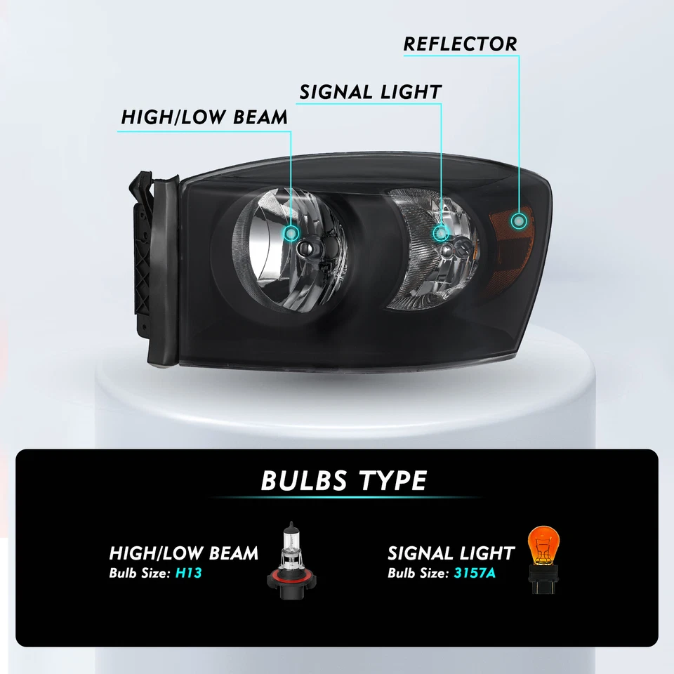 Pair Black Housing Headlights For 06-08 Dodge Ram 1500 2006-2009 Ram 2500 3500 - Изображение 2 из 4