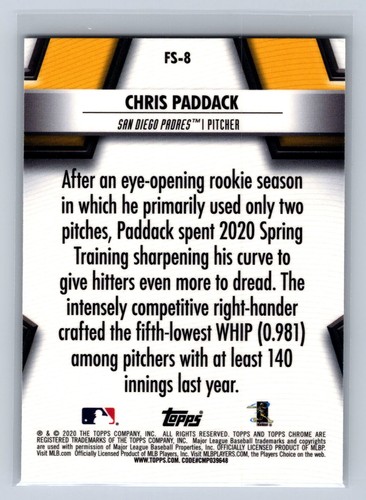 2020 Topps Chrome #FS-8 Chris Paddack Future Stars San Diego Padres - Picture 2 of 2