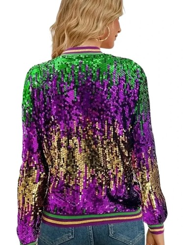 Women's Mardi Gras "Ultimate Contrast" Multi-Colored Sequin Bomber Jacket - Picture 3 of 12
