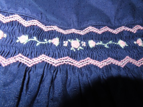 Strasburg Navy Blue Fancy Dress Smocked Embroidery of Pink Flowers, Girls 4 - Picture 4 of 14