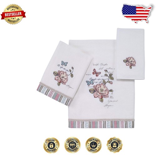 Decorative 3-Piece Towel Set: Embroidered Cotton Towels with Butterfly Design