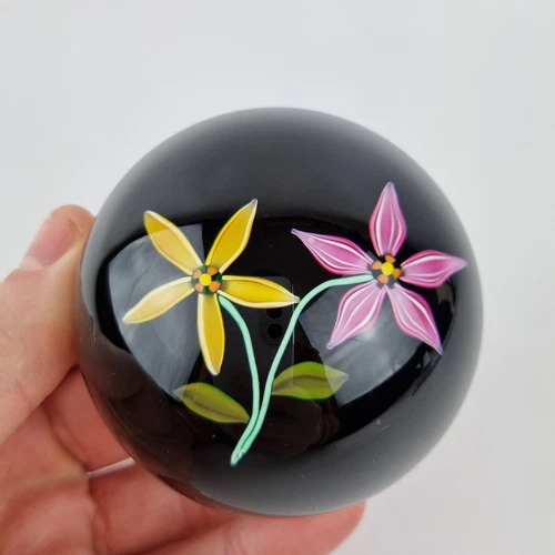 Peter McDougall Art Glass Paperweight Signed Canes 3/10 Yellow & Pink Flowers