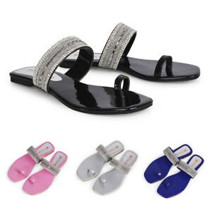 Women Flat Sandals Diamante Toe Post Ankle Strap Shoes Holiday Summer Party Size