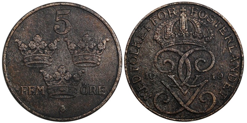 Sweden Gustaf V 1910 5 Öre Mintage-30,630 VF RARE KEY DATE KM# 779.2 (20 613)