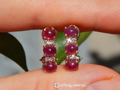 14K YELLOW GOLD EFFY 2.00tcw RUBY CABOCHON DIAMOND 7/10 INCH OMEGA BACK EARRINGS - Picture 8 of 11