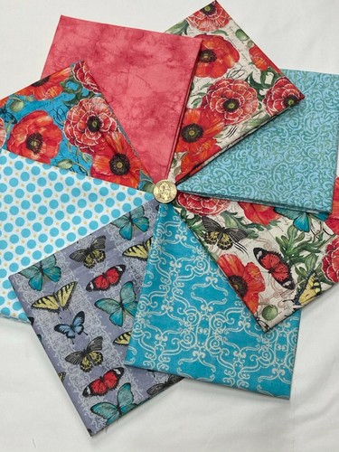 Poppies and Butterflies Springs Creative Turquoise Coral Cotton Fabric Bundle - Picture 3 of 9