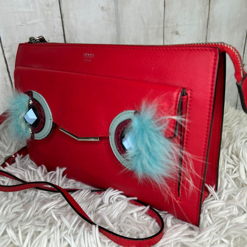 FENDI Monster Women's Shoulder Bag Leather Red Light Blue Fur Japan authentic - Picture 7 of 20