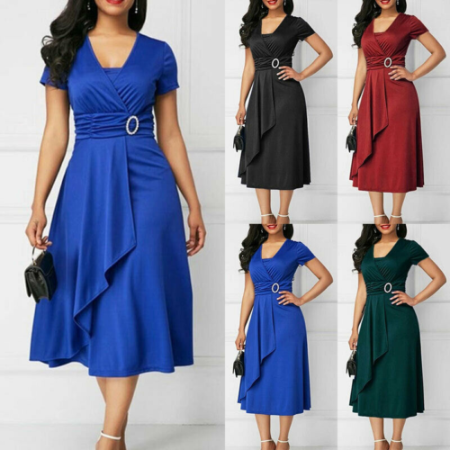 Women's Short Sleeve Dress Office Formal Party Midi Dress Plus Size - Picture 1 of 16