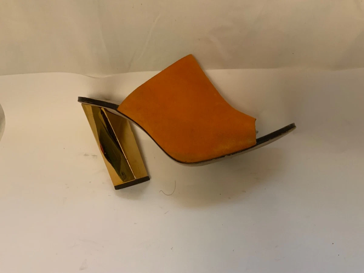 Zara Woman Square Toe Orange Tangerine Open Toe Leather suede Mules Gold Heel 40