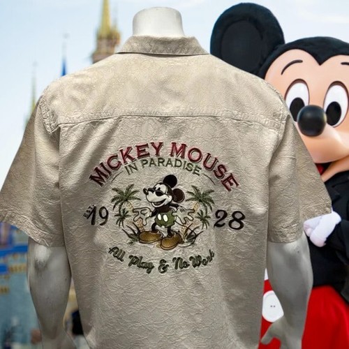 Disney Parks Mickey Mouse in Paradise beige bestickt Blumen Shirt Größe Large