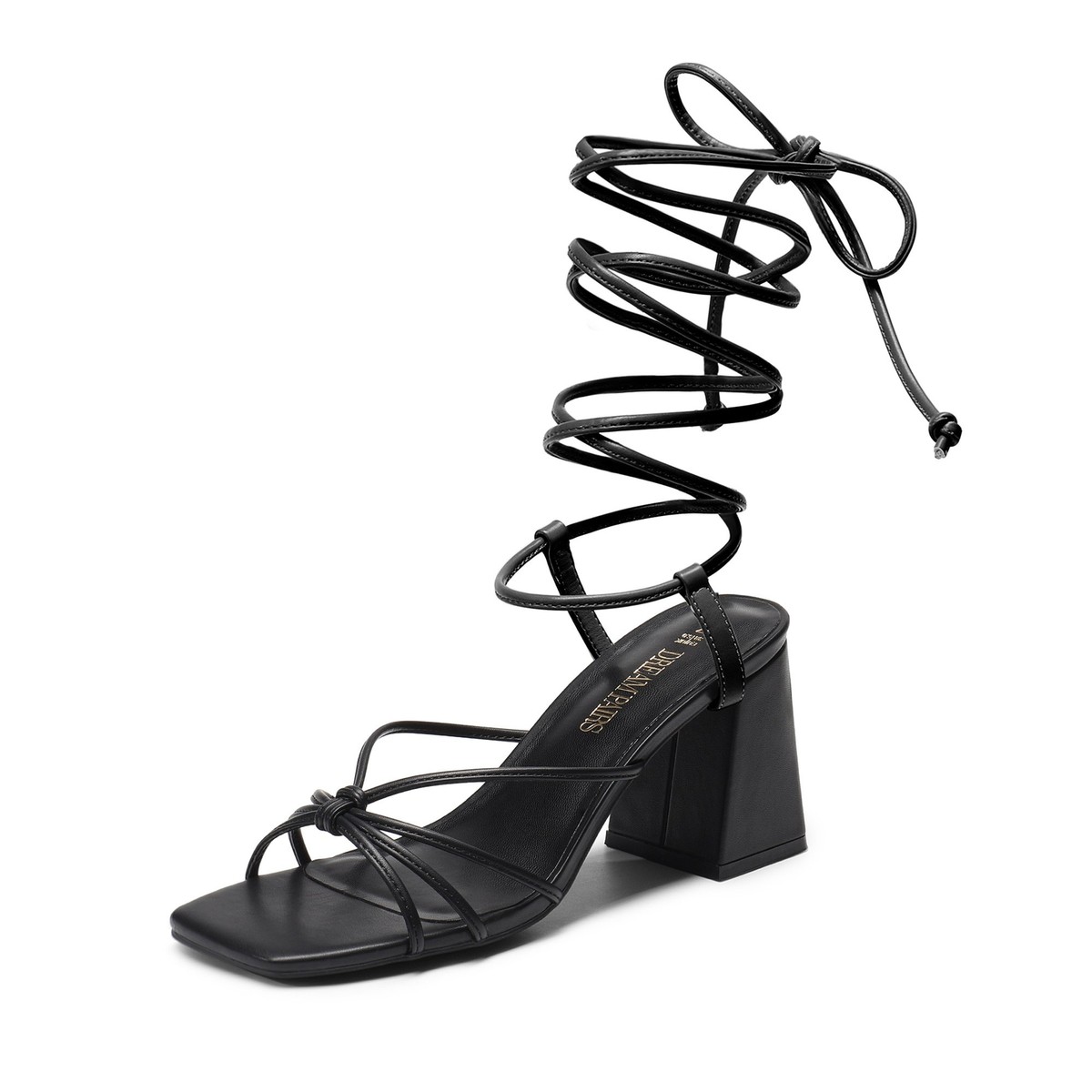 Women Heeled Sandals Strappy Lace Up Chunky Heel Square Toe Party Dress  Sandals