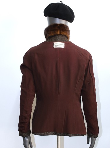 Vintage 50s Brown Mottled Wool Mink Fur Collar Fitted Jacket DAN MILLSTEIN Sz S - Picture 8 of 13