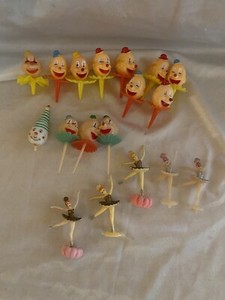 Lot of 18 Vintage CLOWN HEAD/Ballerina/ Cupcake Toppers Picks Decoration