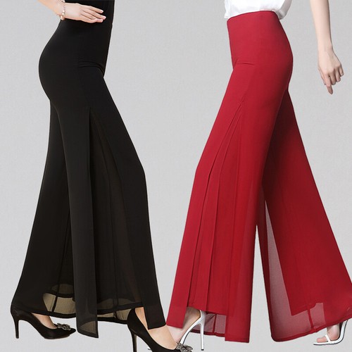 Women Chiffon Wide Leg Pants Culottes Split Trousers Summer Dance Office Casual - Picture 1 of 17