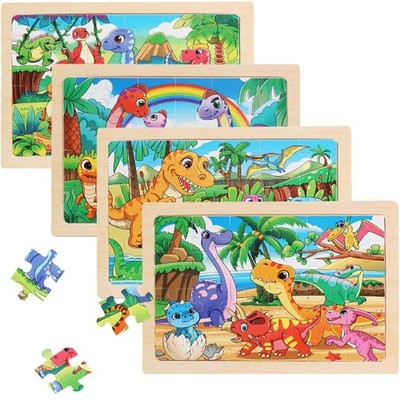 4 Pack Dinosaur Wooden Puzzles for Kids Ages 3-5 24 Pieces