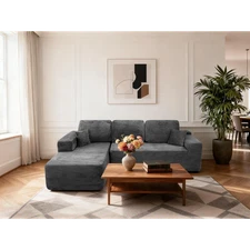 105" Modular Sectional Sofa w/ Chaise, Deep Seat Corduroy Couch Grey