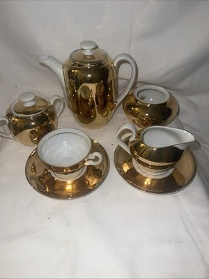 Gold Porcelain Courting Couple Tea Pot cup plates Set Bavaria Germany  9 pc  