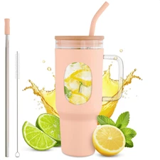 46 Oz Glass Tumbler with Straw and Lid Peach Glass Water Bottle with Natural