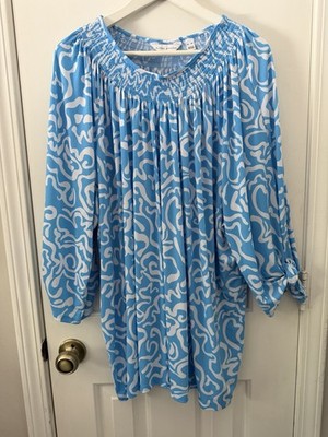Susan Graver Women's Printed Liquid Knit Smocked As Your Coast Blue Top- Size 4X