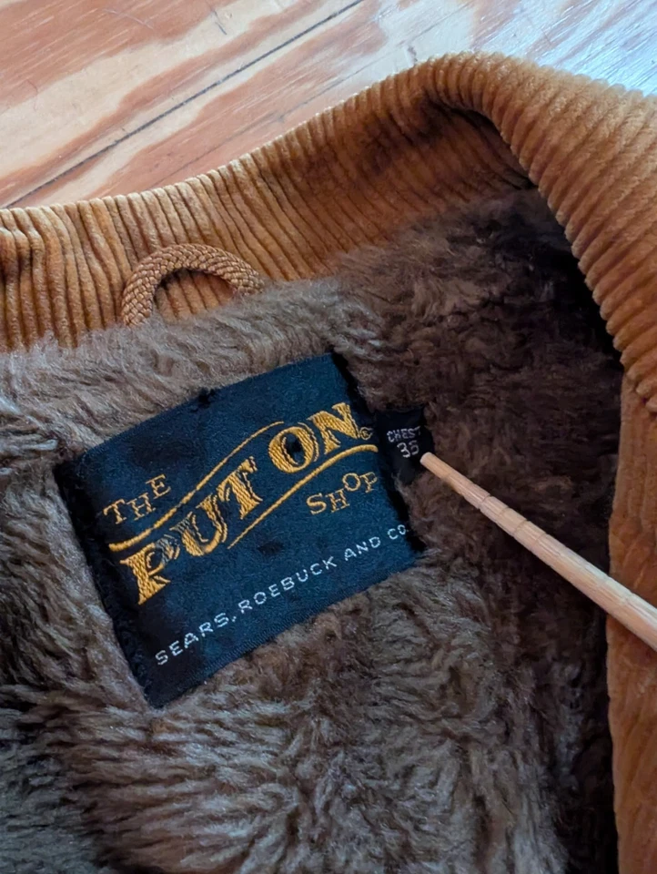 Винтажный Sears положить на магазин мужской 35 желтовато-коричневый вельвет подпоясанный шерпа с подкладкой пальто 70-х - Изображение 3 из 4