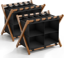 Bamboo Luggage Rack 2 Pack - Foldable Suitcase Stand with 4 Storage Compartments