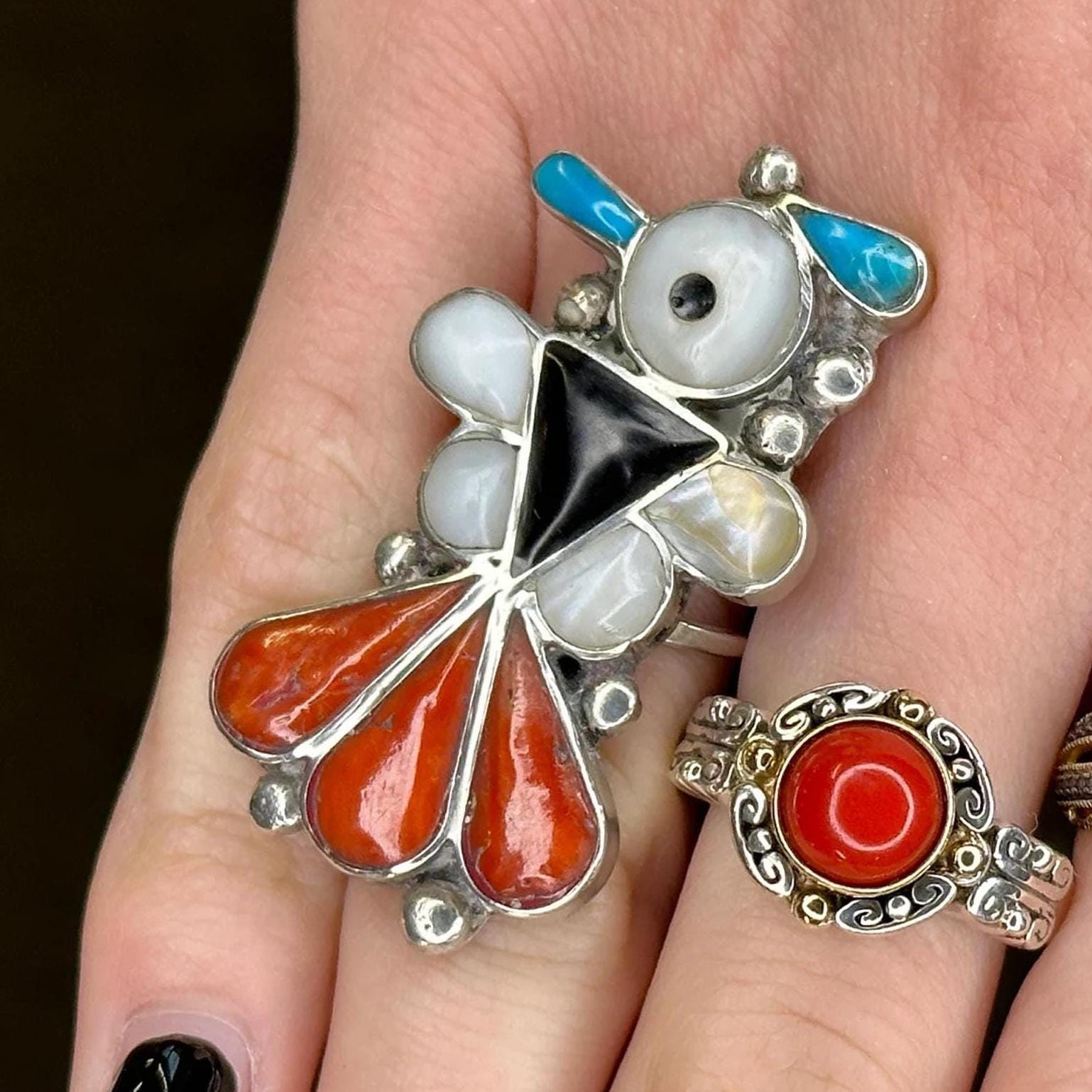 Sterling Silver Thunderbird Ring with Multi-Stone… - image 1