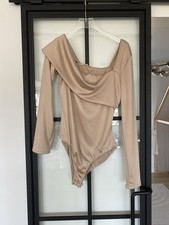 Women's Long Sleeve off the shoulder One Piece Bodysuit champagne Stretch Size L