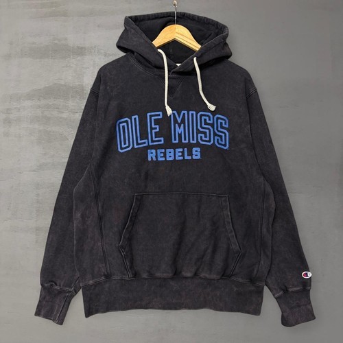 Vintage Champion Reverse Weave Hoodie Black Ole Miss Rebels Faded Large - Image 1